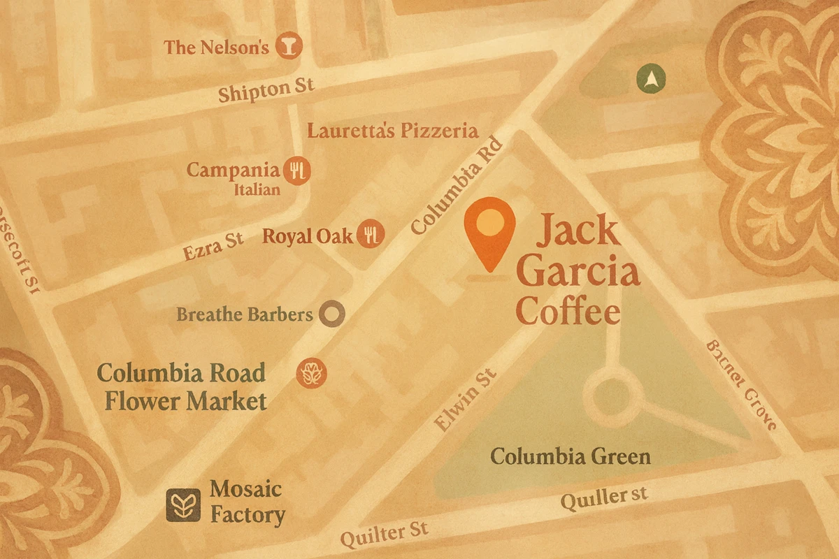 Illustrated map showing Jack Garcia Coffee on Columbia Road, London